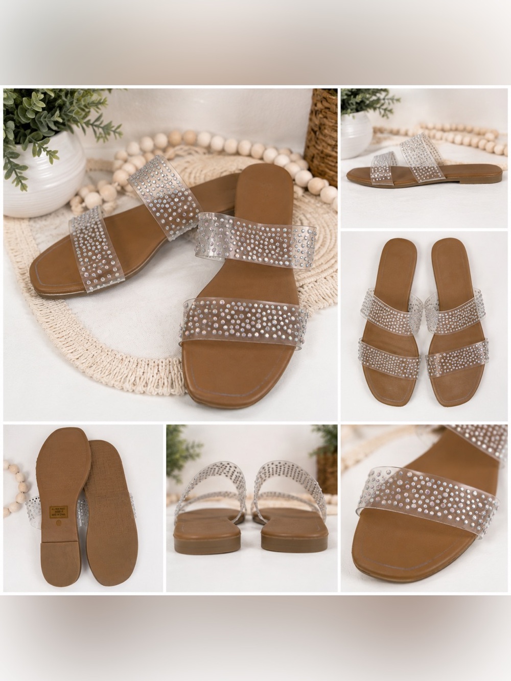 Clear Rhinestone Double Band Slide Sandals - Brown